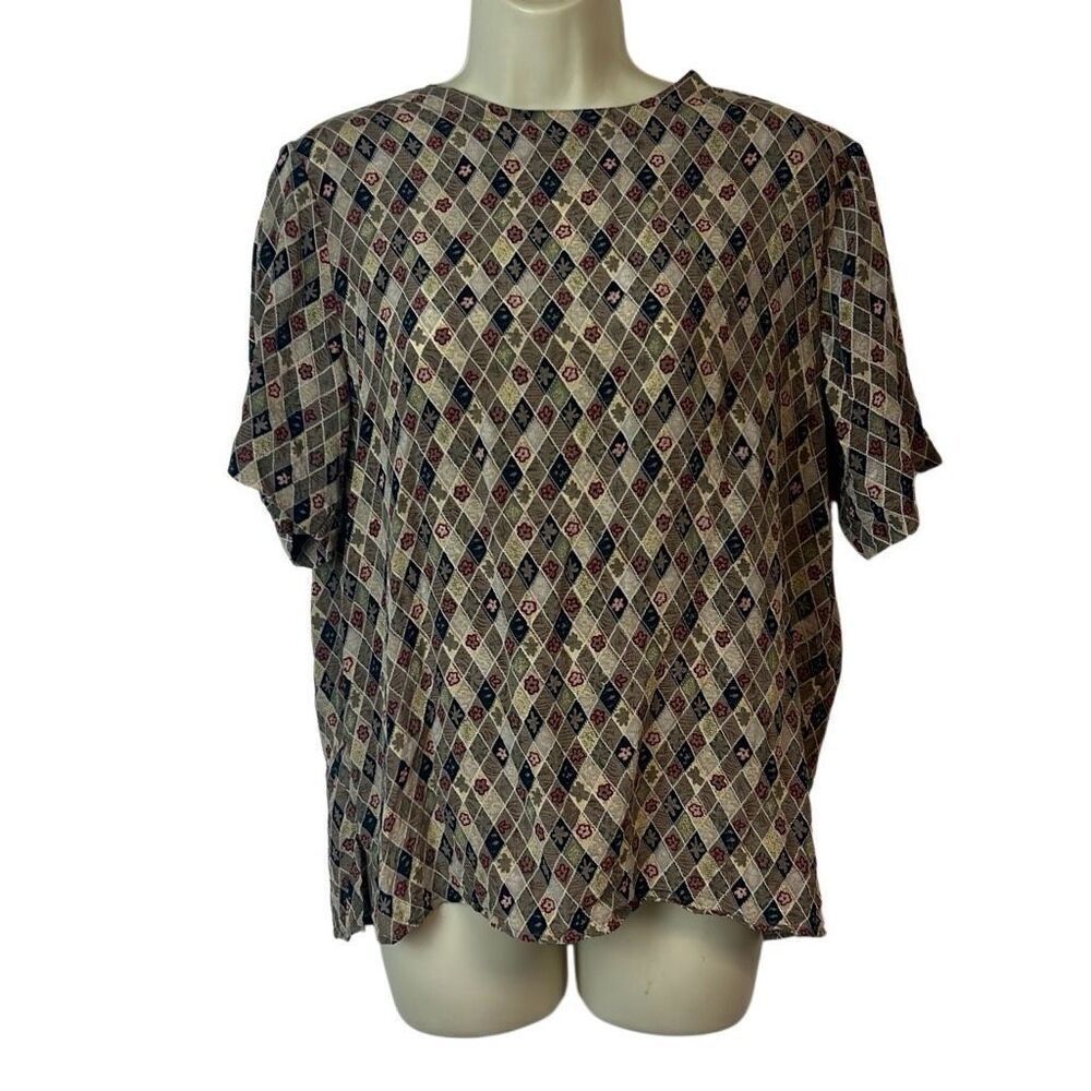 Stunt Vintage 100% Silk Floral Patterned Short Sleeve Blouse Size M